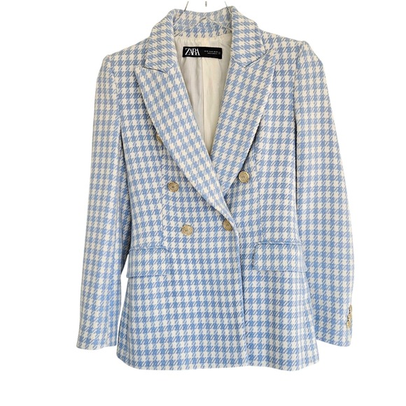Zara Double-Breasted Blazer‎ Jacket in Blue Check Plaid Princess Kate Sz XS - Picture 3 of 16